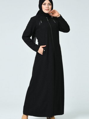 Sefamerve Siyah Buyuk Beden Fermuarli Kislik Ferace Devr I Tesettur