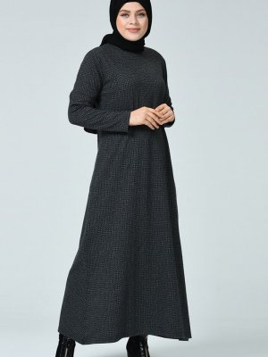 Sefamerve Siyah Büyük Beden Desenli Kışlık Elbise