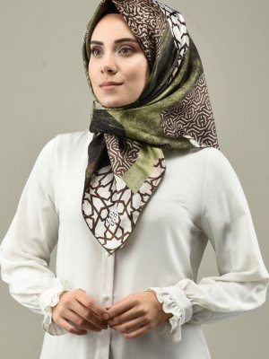 Sefamerve Kahverengi Levidor Desenli İpek Twill Eşarp