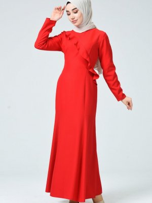 Sefamerve Kırmızı Fırfırlı Elbise
