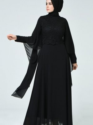 Sefamerve Siyah Dantelli Abiye Elbise
