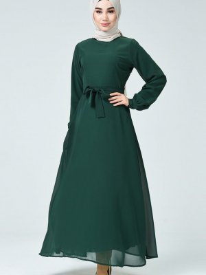 Sefamerve Zümrüt Yeşil Kuşaklı Şifon Elbise