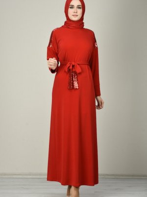 Sefamerve Kırmızı Payetli Kuşaklı Elbise