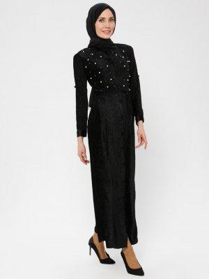 Lâl By Hilal Siyah İnci Detaylı Kadife Elbise