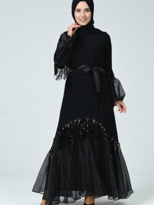 Sefamerve Siyah Payet Püsküllü Elbise