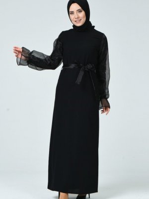 Sefamerve Siyah Organze Kol Kuşaklı Elbise