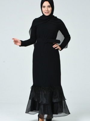 Sefamerve Siyah Etek Ucu Detaylı Kemerli Elbise
