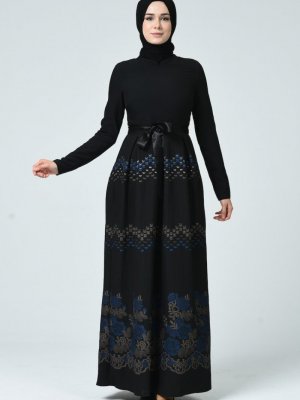 Sefamerve Siyah Kabartma Desenli Elbise