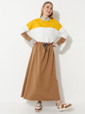 Laruj Latte Blok Renkli Belden Büzgülü Elbise