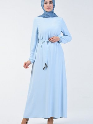 Sefamerve Bebe Mavi Kolu Lastikli Kuşaklı Elbise