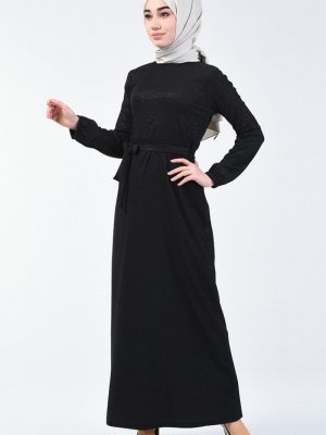 Sefamerve Siyah Simli Kuşaklı Elbise