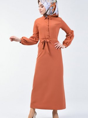Sefamerve Turuncu Düğmeli Kuşaklı Elbise