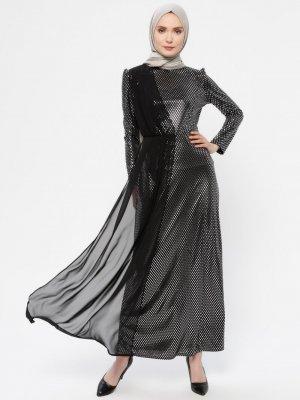 AYŞE MELEK TASARIM Siyah Gümüş Baklava Desen Abiye Elbise