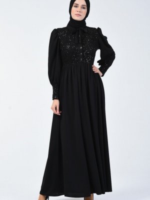 Sefamerve Siyah Beli Büzgülü Elbise