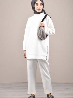 Sefamerve Beyaz Dalgıç Kumaş Tunik Pantolon İkili Takım