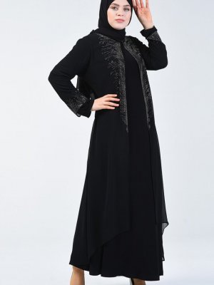 Sefamerve Siyah Büyük Beden Takım Görünümlü Taşlı Abiye Elbise