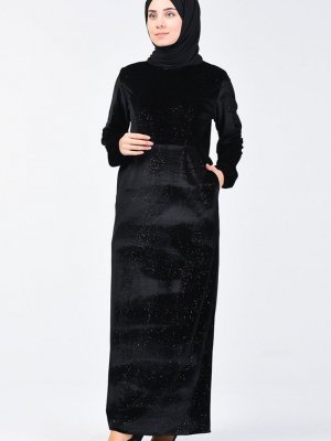 Sefamerve Siyah Kadife Simli Elbise