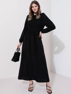 Alia Siyah Doğal Kumaşlı Büzgü Detaylı Elbise