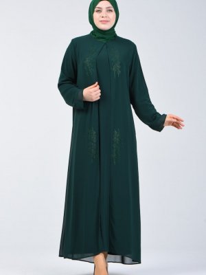 Sefamerve Zümrüt Yeşili Büyük Beden Taş Baskılı Elbise