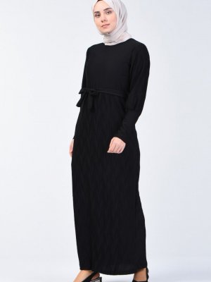 Sefamerve Siyah Kuşaklı Piliseli Elbise