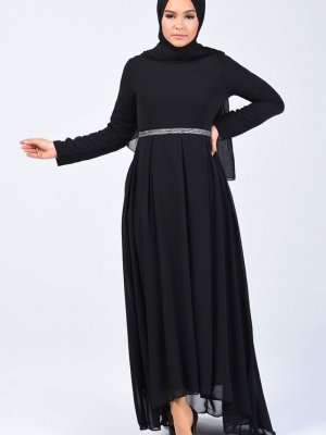 Sefamerve Siyah Pileli Şifon Elbise