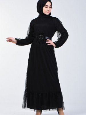 Sefamerve Siyah Tüy Detaylı Kemerli Abiye Elbise