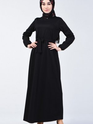 Sefamerve Siyah Kolu Lastikli Kuşaklı Elbise
