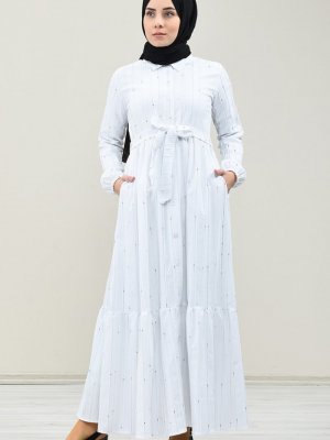 Sefamerve Beyaz Boydan Düğmeli Kuşaklı Elbise