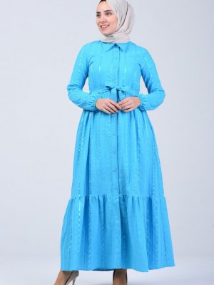 Sefamerve Mavi Boydan Düğmeli Kuşaklı Elbise