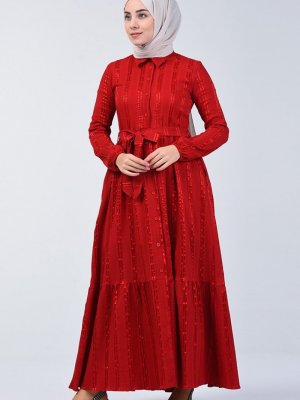 Sefamerve Kırmızı Boydan Düğmeli Kuşaklı Elbise