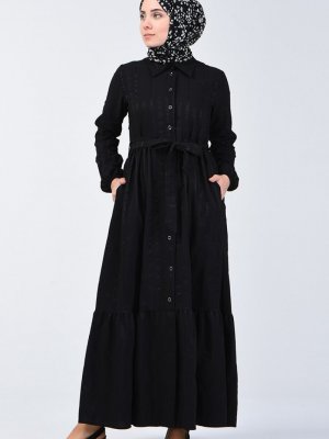 Sefamerve Siyah Boydan Düğmeli Kuşaklı Elbise