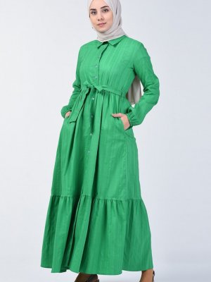 Sefamerve Yeşil Boydan Düğmeli Kuşaklı Elbise