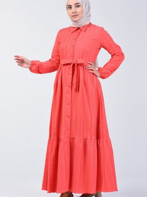 Sefamerve Mercan Boydan Düğmeli Kuşaklı Elbise