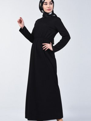 Sefamerve Siyah Beli Lastikli Elbise