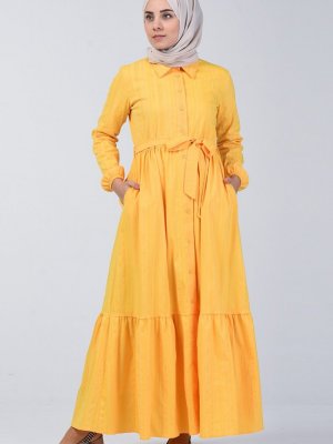 Sefamerve Sarı Boydan Düğmeli Kuşaklı Elbise