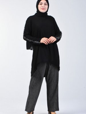 Sefamerve Siyah Büyük Beden Düğme Detaylı Tunik Pantolon İkili Takım