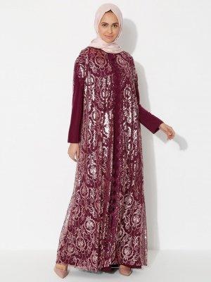 Güzey Mürdüm İşlemeli Tül Yelek&Elbise İkili Takım