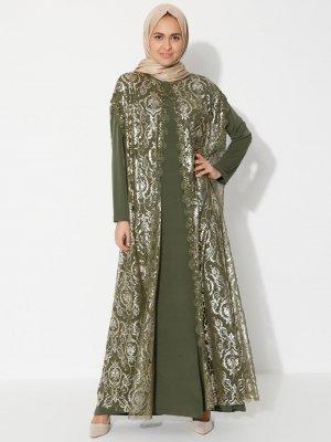 Güzey Yeşil İşlemeli Tül Yelek&Elbise İkili Takım
