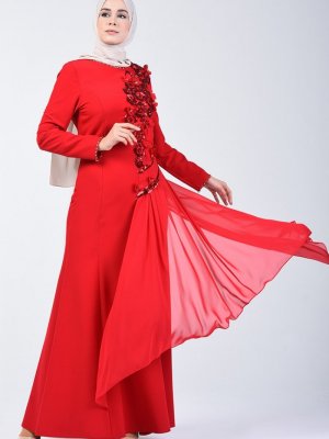 Sefamerve Kırmızı Pullu Abiye Elbise