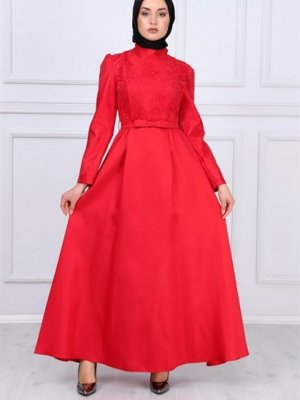 MISSVALLE Kırmızı Micro Kemer Detaylı Abiye Elbise