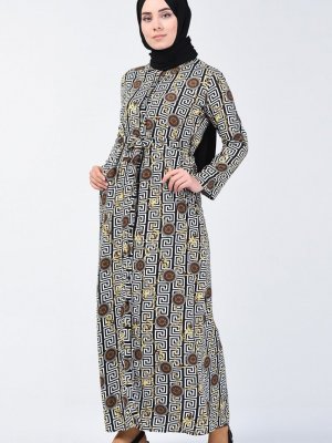 Sefamerve Siyah Boydan Düğmeli Desenli Elbise