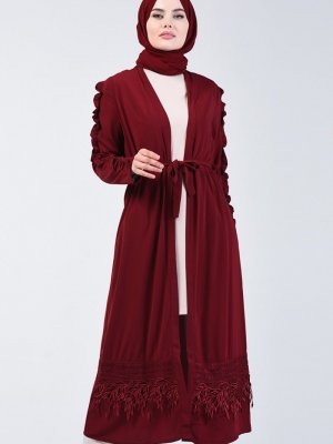 Sefamerve Bordo Güpürlü Abaya