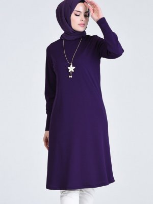 Sefamerve Mürdüm Kolyeli Uzun Tunik