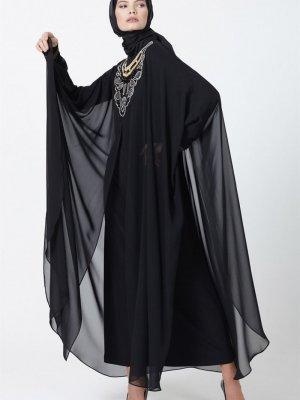 Armine Siyah Nakış Detaylı Şifon Abiye Elbise