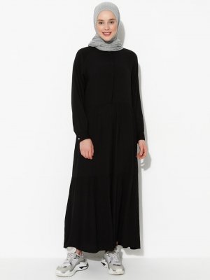 İLMEK TRİKO Siyah Gizli Düğme Detaylı Elbise