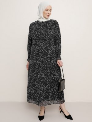 Alia Siyah Desenli Şifon Elbise