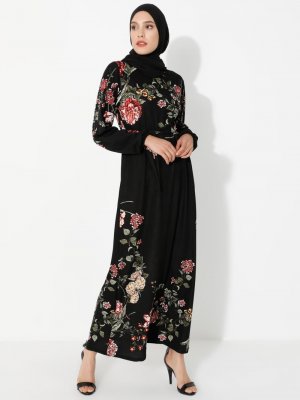 Zinet Siyah Çiçek Desenli Elbise