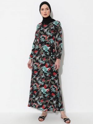 İLMEK TRİKO Bordo Siyah Çiçek Desenli Elbise