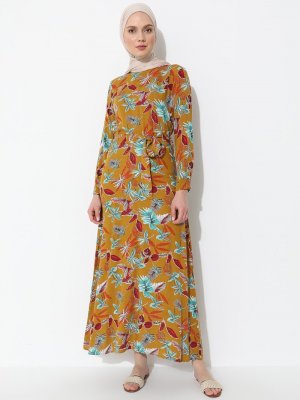 İLMEK TRİKO Hardal Çiçek Desenli Elbise