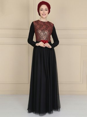 Asee`s Bordo Siyah Dantelli Çiçek Detaylı Kloş Abiye Elbise